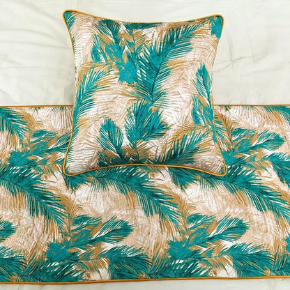 The HomeCentric King/Queen/Twin Green Decorative Twin 53"x18" Bed Runner with Pillow Cover, Plam Leaves & Quilted Bed Scarf on Satin Fabric - Palms