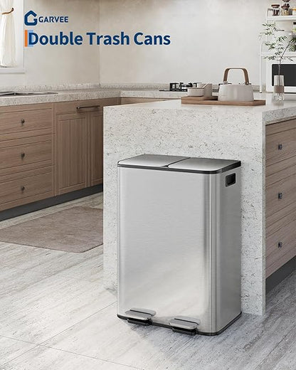 GarveeHome 2 x 8 gal Stainless Steel Double Trash Can with Lid for Kitchen, Large Dual Trash and Recycle Bin Combo, Step-on Kitchen Metal Garbage Cans, PP Inner Buckets, Liner Rim, Silver