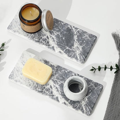 2PCS Bathroom Sink Vanity Trays, Water Absorbing Diatomite Stone Quick Drying Mat for Kitchen Counter, Dish Rack Dispenser Sponge Holder Caddy Organizer, Marble Crack, 9"x3.5"