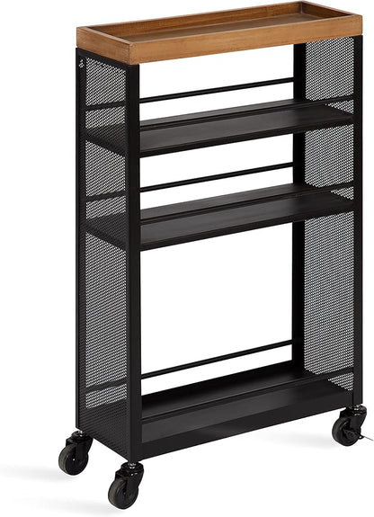 Kate and Laurel Piazza Decorative Slim Storage Cart, 18 x 7 x 30, Natural Wood and Black, Decorative Narrow Rolling Cart with Locking Wheels and Three Storage Shelves for Kitchen or Laundry Room