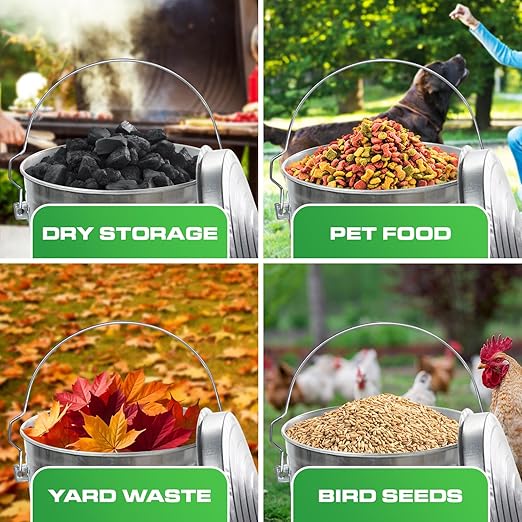 Plexon 10 Gallon Trash Can with Lid Outdoor Galvanized Metal Bucket with Locking Lid for Poultry Feed Bird Seed Storage Ash Garbage Trash Bin