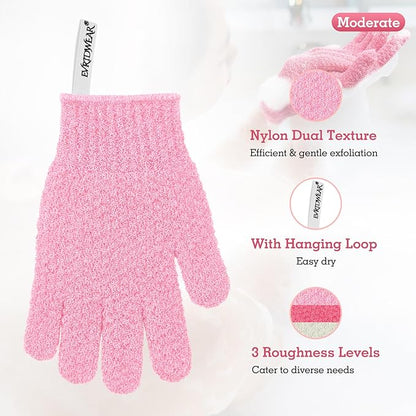 Evridwear Exfoliating Gloves for Shower, 100% Nylon Thick Soft Medium Heavy Bathing Gloves Dead Skin Remover Body Scrubber Smooth Skin with Hang Loop, 3 Pairs