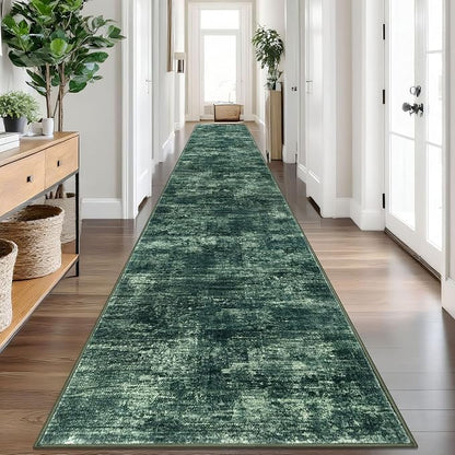 IOHOUZE Abstract Runner Rug 3x20 Ft Extra Long Washable Runners for Hallways, Non Slip Kitchen Runner Printed Faux Wool Entryway Runner Indoor, Modern Abstract Floor Carpet for Hall Stair, Dark Green