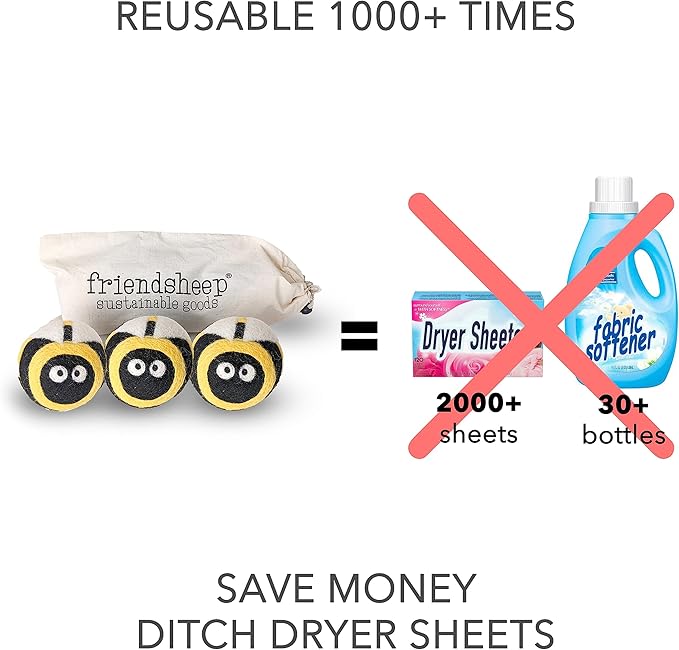 Friendsheep Wool Dryer Balls, Organic Reusable Fabric Softener Alternative for Laundry, Handmade, Fair Trade, Hypoallergenic, Eco-Friendly, Plastic-Free (3 Pack XL – Honey Bee)