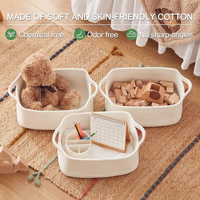 OIAHOMY Cotton Rope Storage Baskets | Decorative Storage Basket for Closet Storage, Home Organizing Bins and Nursery Decor | Cotton Rope Woven Baskets for Storage Shelf, Pure and White