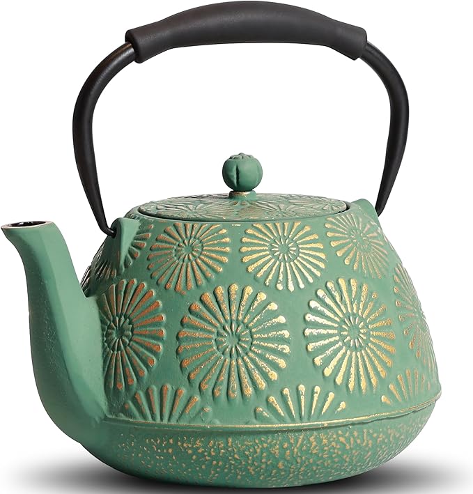 Cast Iron Teapot, 40oz Tea Kettle with Infuser for Stove Top, Sakura Design Japanese Tea Pot for Loose Leaf Coated with Enameled Interior, Silicone Handle 1200ml Green