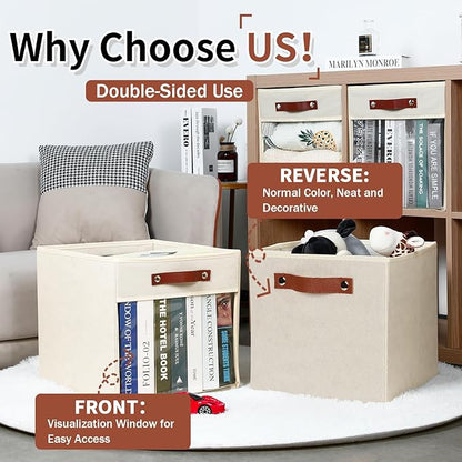 HNZIGE Fabirc Storage Cubes Bin 13x15x13 Clear Storage Cube, 4 Pack Foldable Cloth Cubby Storage Bins for Cube Organizer Closet Cabinet, Large Fabric Storage Bins for Shelves Organizer Bins- Cream