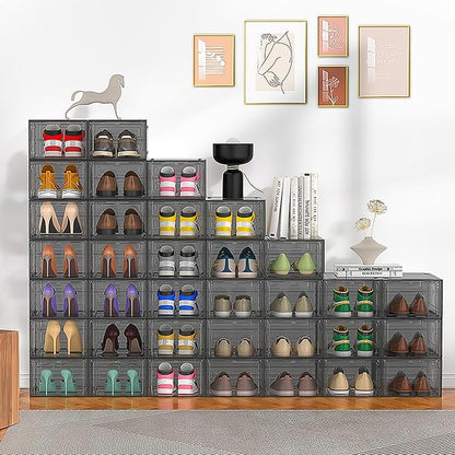 12 Pack Hard Sturdy Thickened Rigid XX Large Shoe Storage Organizer for Closet, Clear Stackable Sneaker Shoe Boxes Rack Containers Display Case Bins with Lids, Grey
