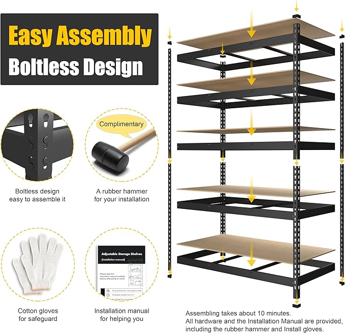 PrimeZone Heavy Duty Adjustable 5 Tier Garage Storage Shelves - 47" W x 18" D x 71" H, Metal Utility Rack Shelf Unit for Warehouse, Pantry, Closet, Kitchen, Black