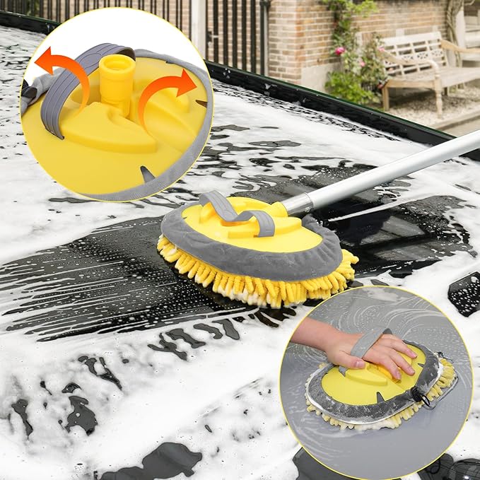 Dual-Use Car Wash Mop – 10" x 8" Chenille Washing Kit with Adjustable Handle Grip Fits for Telescopic Extension Pole, Scratch-Free Cleaning for Cars, Windows, RVs, and Solar Panels (Pole NOT Included)
