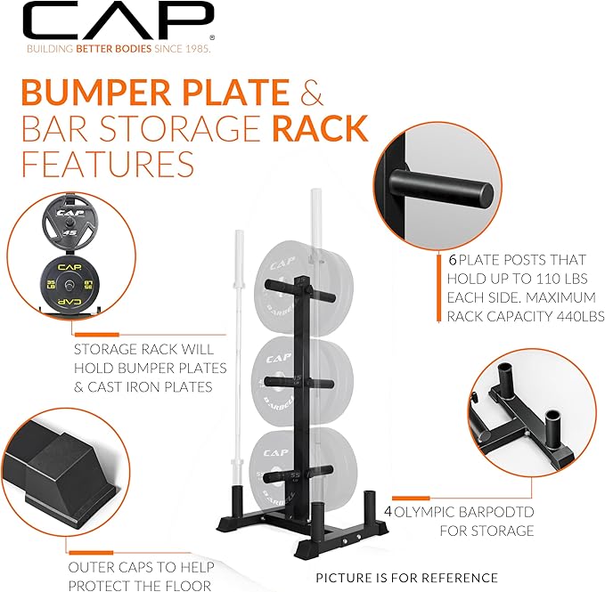 CAP Barbell 2-Inch Olympic Bumper Plate Weight Set with 6 Post Rack | 100-370 lbs | Multiple Options