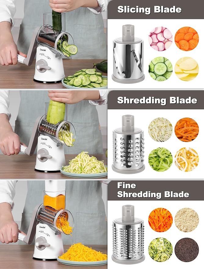 Geedel Rotary Cheese Grater Cheese Shredder - Upgraded 5-in-1 Cheese Grater with Handle and Strong Suction Base, Multi-purpose Vegetable Slicer Ice Shaver Nuts Grinder for Ice, Vegetables, Fruit, Nuts