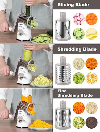 Geedel Rotary Cheese Grater Cheese Shredder - Upgraded 5-in-1 Cheese Grater with Handle and Strong Suction Base, Multi-purpose Vegetable Slicer Ice Shaver Nuts Grinder for Ice, Vegetables, Fruit, Nuts