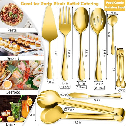 12 PCS Stainless Steel Serving Utensils, Large Spoons Slotted Spoons Forks Tongs, Ice Suger Tongs, Pie Server, Butter Knife, Coffee Spoons, Great for Buffet Catering Banquet Party, Gold