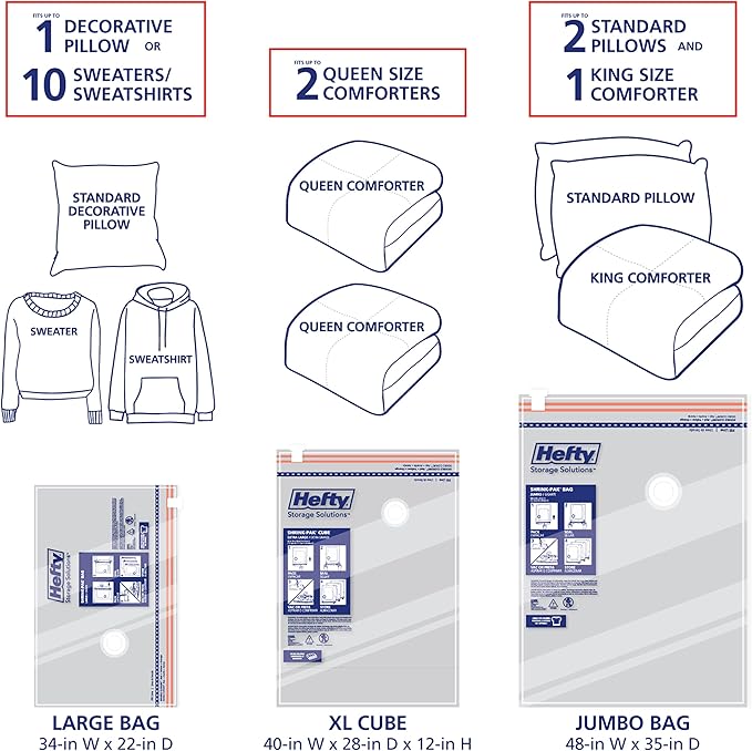 Hefty Shrink-Pak Starter Kit - 2 Large, 1 XL Cube, 1 Jumbo Vacuum Seal Storage Bag and Hand Pump – Space Saver Bags for Clothing, Pillows, Towels, or Blankets, 5 Pc Set