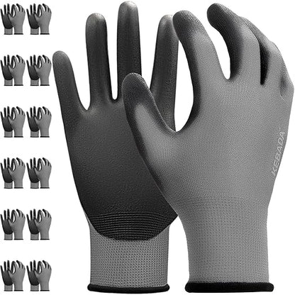 Kebada W1 Work Gloves for Men and Women,12 Pairs Touchscreen Working Gloves with Grip, PU Coating on Palm & Fingers,Gray XXL