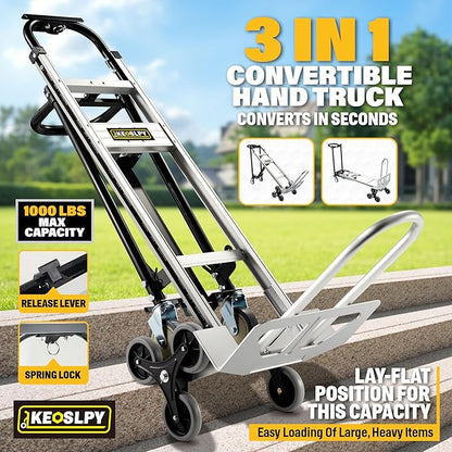 3 in 1 Industrial Convertible Hand Truck, 1000 LBS Capacity Heavy Duty Platform Cart, Utility Aluminum Collapsible Dolly with Stair Climbing Wheels and Dual Handles for Transport, Moving