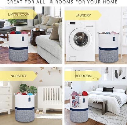 COMSE Extra Large Blanket Basket, Tall Woven Storage Basket, Nursery Hamper, 15.7”x 21.7”, Cotton Rope Laundry Hamper for Toys Clothes Towels, Blend White/Navy Blue