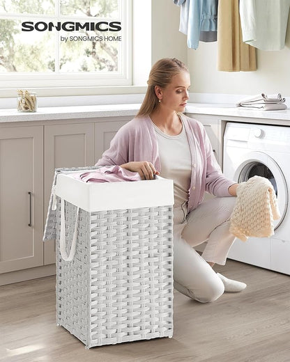 SONGMICS Laundry Hamper with Lid, 17.2 Gallon (65 L) Synthetic Rattan Clothes Laundry Basket with Lid and Handles, Foldable, Removable Liner, Cloud White ULCB165W01
