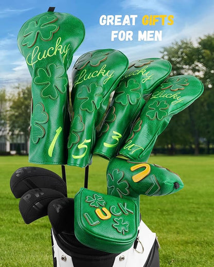 Golf Headcovers Golf Club Head Covers Four Leaf Clover Good Luck Charm - Clover Style Premium Leather Driver Fairway(FW) Wood Hybrid(UT) with Number Tags