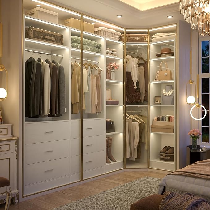 Corner Closet System with 6 Drawers, Closet Organizer System with 14 Shelves & 4 Hanging Rods, 87.2"L * 39.2"W / 63.2"L * 63.2"W Reversible L Shaped Walk-in Closets, Load 2500+LBS, White