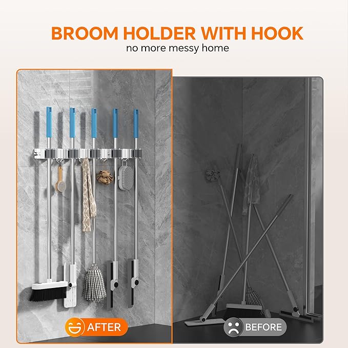 5 Grippers Broom Holder Wall Mount with 4 Hooks Stainless Steel Mop and Broom Organizer Self Adhesive or Screw Fixing for Garden Tool Rack Closet Laundry Room Kitchen Garage Storage Utility Hook