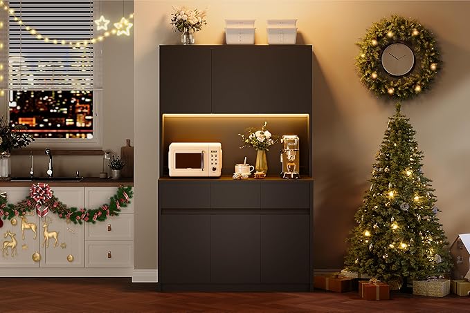 Garvee Kitchen Pantry Storage Cabinet, Tall Storage Cabinet with Doors and Shelves, Kitchen Storage Hutch with Microwave Stand, Led Lights and Charging Station, Corner Pantry Cabinet, Black