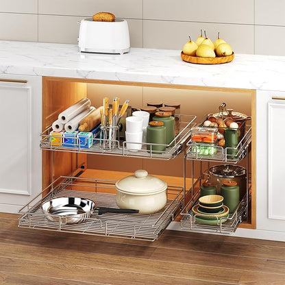 2 Tier Individual Pull Out Cabinet Organizer 27" W x 21½" D, Heavy Duty Cabinet Pull Out Shelves, Slide Out Drawers Organization for Kitchen Cabinets Bathroom