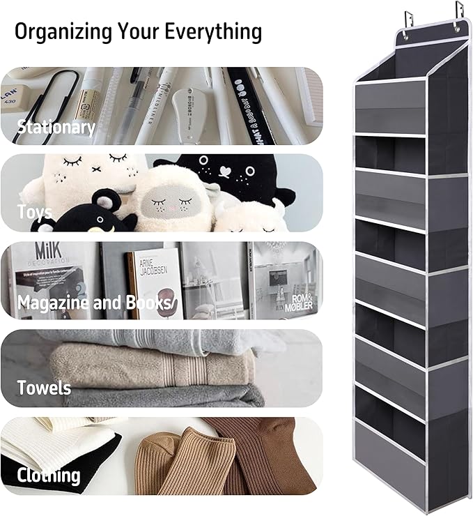 Over Door Organizer with 5 Large Pockets, Heavy Duty Hanging Organizer Storage, Closet Bathroom Nursery Bedroom Dorm, Toys Cosmetics Sundries and Baby Essentials, Gray