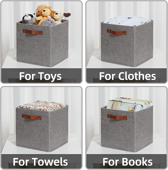 HNZIGE Shelf Storage Cubes Bins for Organizing, Set of 4, Cabby Fabric Cube 11x11 Closet Organizer with Handles (Gray)