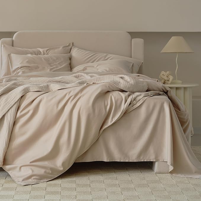 Double Stitch Cotton Tencel Duvet Cover - Queen Size Comforter Cover, Luxury & Soft Eucalyptus Lyocell Bedding Set for Hot Sleepers, Cooling & Breathable, Button Closure, Sandstone, 90"x90"