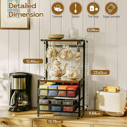 Pinzoveco Tea Bag Organizer, Large Tea Organizers and Storage Box,2 Drawers Tea Bags Holder Wood Tea Box Containers Tea Station Chest Display for Kitchen Organizers and Storage, Black
