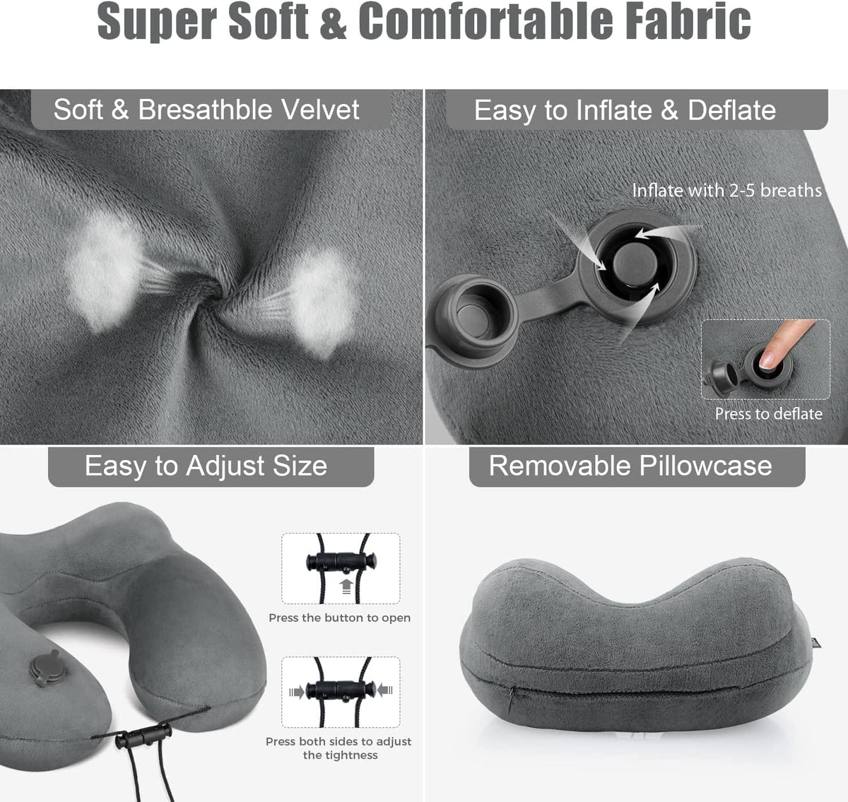 urophylla Inflatable Travel Neck Pillow for Airplanes, Super Soft Velvet Neck Support, Adjustable Firmness, Blow Up Plane Pillow for Long Flights, Road Trips, Travel Essentials with Eye Mask, Earplug