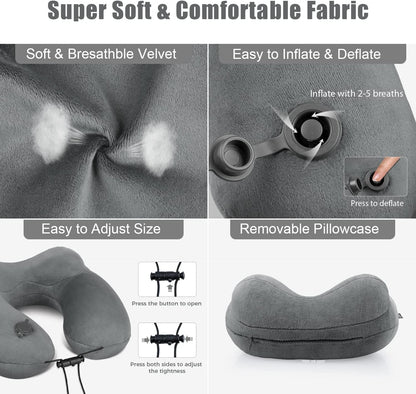 urophylla Inflatable Travel Neck Pillow for Airplanes, Super Soft Velvet Neck Support, Adjustable Firmness, Blow Up Plane Pillow for Long Flights, Road Trips, Travel Essentials with Eye Mask, Earplug