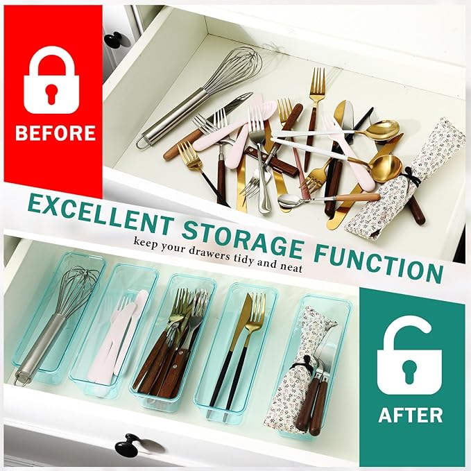 Maitys 12 Pcs Vanity Drawer Organizer 9 x 3 x 2 Inches Clear Plastic Utensil Organizers Kitchen Drawers Dividers for Office Desk Silverware Kitchen Utensils Cosmetics and Bathrooms(Blue)