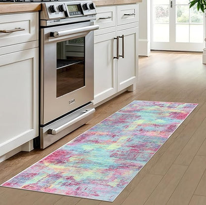 IOHOUZE Abstract Runner Rug 2x6 Ft Washable Runners for Hallways, Non Slip Kitchen Runner Printed Faux Wool Entryway Runner Indoor, Modern Abstract Floor Carpet for Hall Kitchen Bedroom, Pink Teal