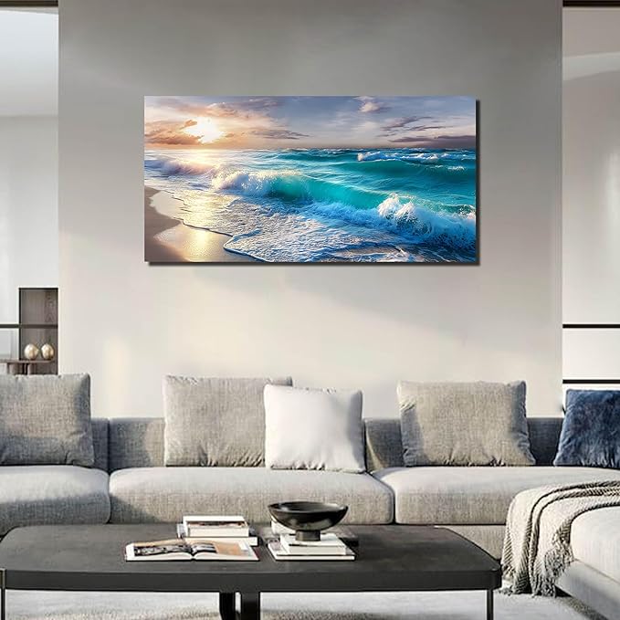 GUGIKA Ocean Wall Art for Living Room, Blue Wave and Large Coastal Beach Canvas Wall-Decor for Bedroom, Gold Sun Scenery Pictures for Hallway Office, Size 48 x 24 Inches