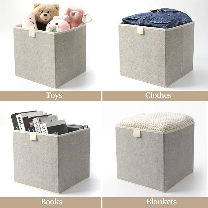 Storage Baskets, 11.8-Inch Woven Fabric Bins, Storage Cubes with Reinforced Handles, Organizer Bins for Closet Shelves, Foldable, for Toys, Clothes, Natural Beige (2PCS/Beige-11.8*11.8*11.8inch)