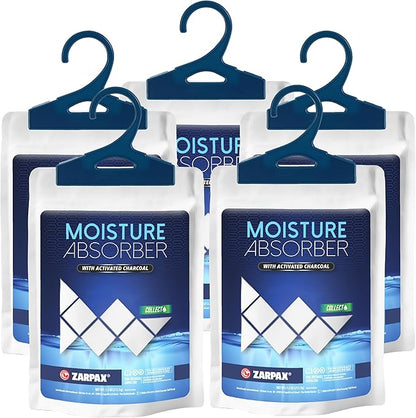 Moisture Absorber Sachets Activated Charcoal 7.5 oz/212g - Remove Excess Moisture In Air & Odor - Desiccant Dehumidifier for Closet, Drawer, Storage - Dampness & Humidity Control - Set of 5