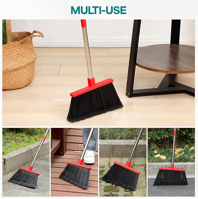 PBHEPJ Broom, Outdoor Broom for Floor Cleaning, 58" Long Stainless Steel Handle, Hard Bristle Angle Broom for Sweeping Indoor, Commercial, Industrial, Garage, Kitchen
