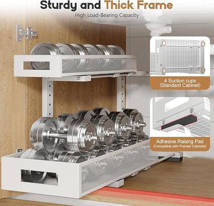 2 Pack 19IN Depth Under Sink Storage Organizer, Large 2-Tier Elegant Mesh Pull Out Shelf for Kitchen and Bathroom Cabinet Organization, L-Shaped and Adjustable Height Design-White
