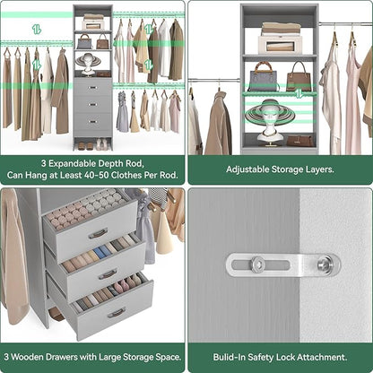 96'' Closet Organizer System with 3 Hanging Rods (Without 3 Storage Shelves), 8FT Closet Systems, Wall Mount Bedroom Wardrobe with 3 Wood Drawers, Adjustable Garment Rack from 5 to 8FT, Grey
