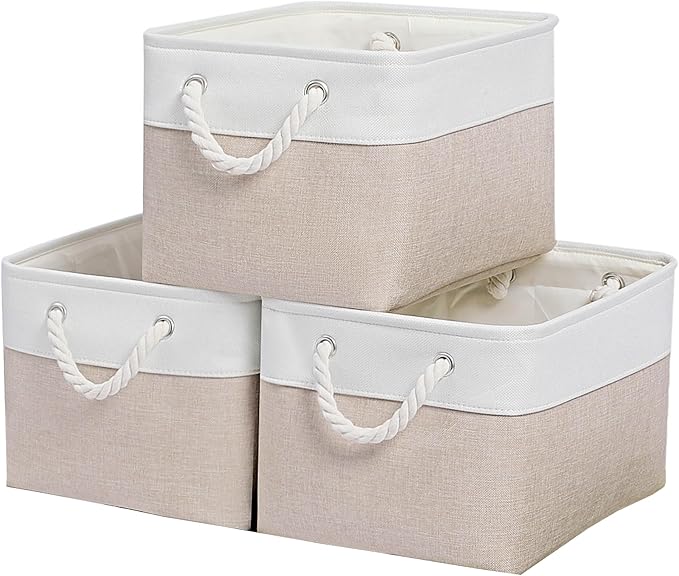 15x11x9.5 Inch Storage Baskets for Shelves,3 Pack Storage Bins，Foldable Organizer Boxes, Decorative Storage Basket for Organizing Clothes, Toys, Books, Foldable Cloth Baskets (White&Beige)