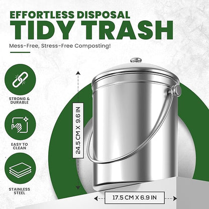 Utopia Kitchen Compost Bin for Kitchen Countertop, 1 Gallon Compost Bucket for Kitchen with Lid, Includes 1 Spare Charcoal Filter (Silver)