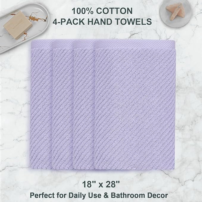 VOOVA & MOVAS Purple Hand Towels, 4PC Large 18"x 28" - 100% Cotton | Lightweight | Thick | Quick Dry | Soft | Absorbent, Hand Towels for Bathroom, Bathroom Essentials, Lavender