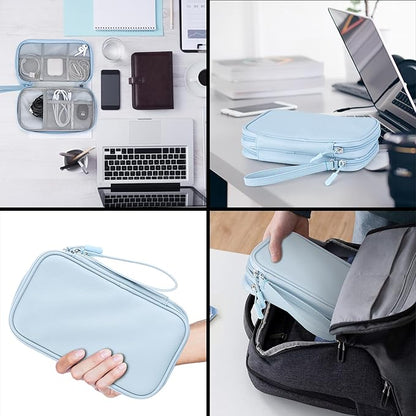 Leather Travel Electronic Organizer - Double Layer, Waterproof Case for Cables, Chargers, Phones & More - Portable, Shockproof Pouch for All Your Electronics Accessories (Light Blue, M)