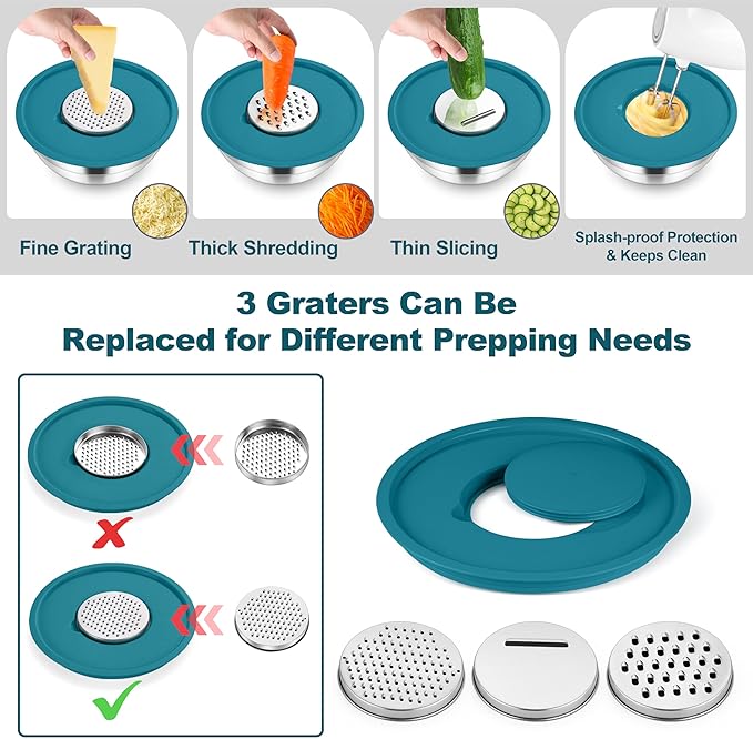 TeamFar Mixing Bowls, 6 PCS Stainless Steel Nesting Salad Bowl with Lids & 3 Graters, For Kitchen Cooking Serving Prepping, Airtight & Non-Slip, Size 4.6/3.5/2/1.5/1/0.7 QT, Blue