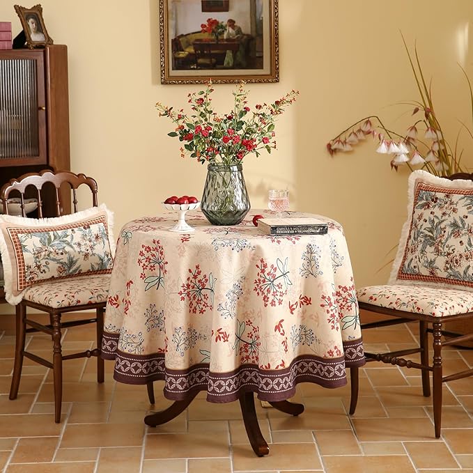 patdrea Designer Vintage Linen Table Cloth for Round Table,Red Floral Durable Breathable Tablecloth,Dacorative for Kitchen Dining,Holiday,Christmas,Thanksgiving,Tea Party,Diameter 55"-Newmari