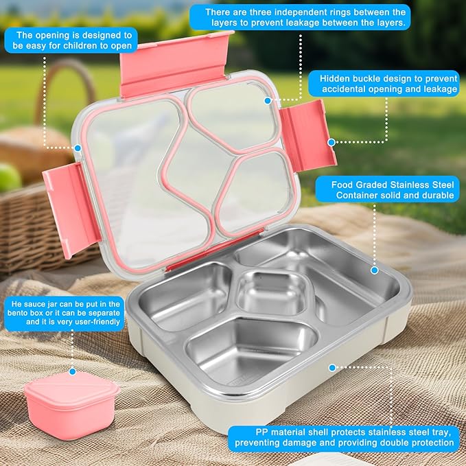 QIBONGS-Stainless Steel Tray Bento Lunch Box with Sauce Cup Drop-Proof, Leak-Proof 4 Compartments Container for Work, Travel, Dishwasher Safe, Made with Food-Safe Materials (Pink)