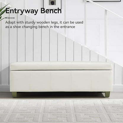 51" Faux Leather Storage Ottoman, Stitch Tufted Rectangle Upholstered End of Bed Storage Bench, Entryway Large Couch Ottoman with Wooden Legs,White